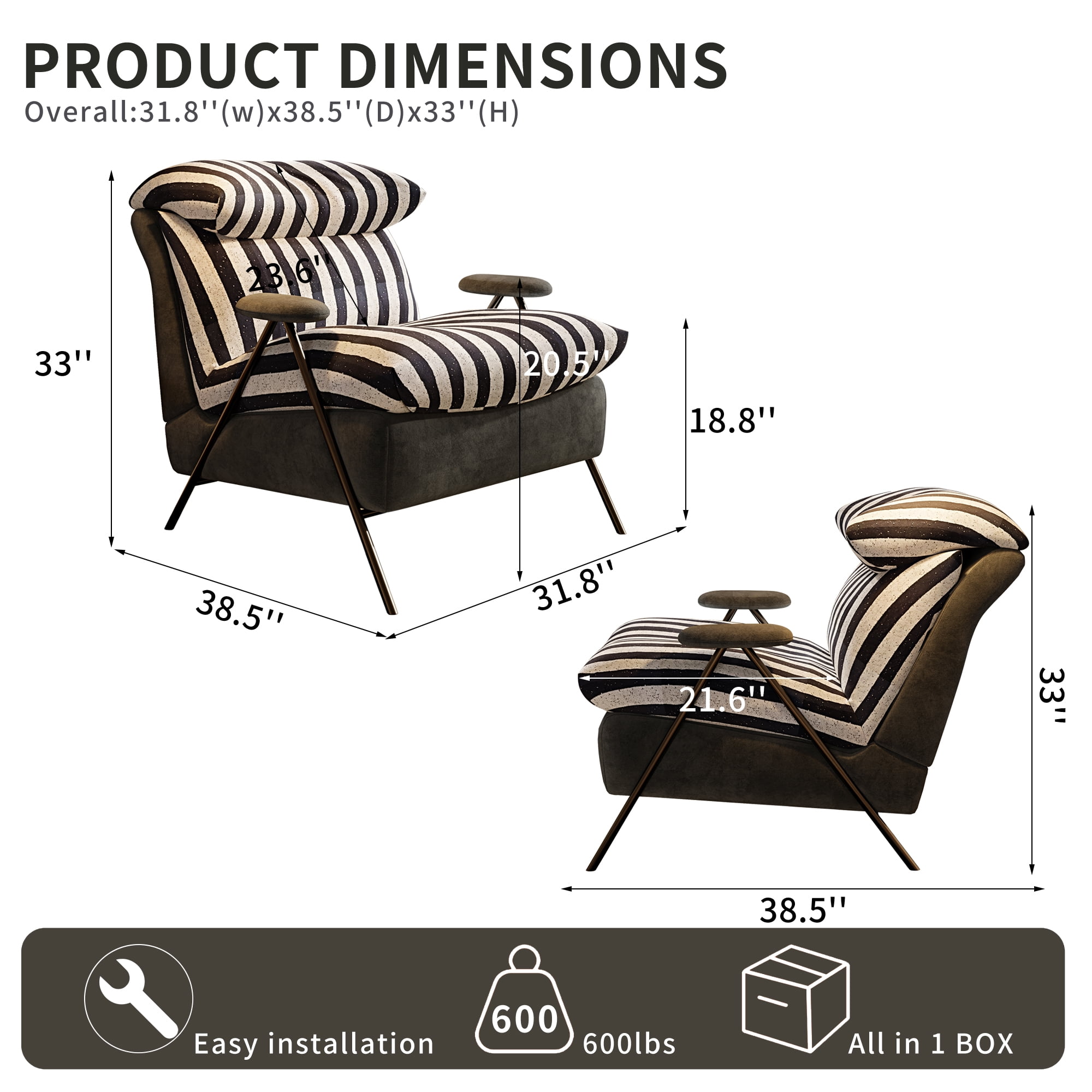 Howcool Modern Upholstered Accent Chair,Armchair with Wide Cushioned Seat,Ergonomic Lounge Chair with Solid Wood Frame for Living Room,Bedroom,Grey striped