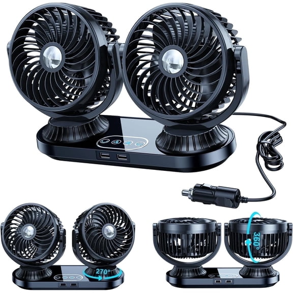 Car Cooling Fan, Dual Head Auto Oscillating Car Cooling Fan for Dashboard, DC 12V/24V Cigarette Lighter Powered 3 Speeds Vehicle Fan, Comes with 2 USB Charging Ports for Sedan Suv Rv Van Truck