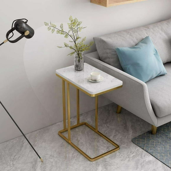 Writings on the Wall Rectangle Side Table with Marble Top, Metal and Stone, for Living room, Bedroom, Office, Round