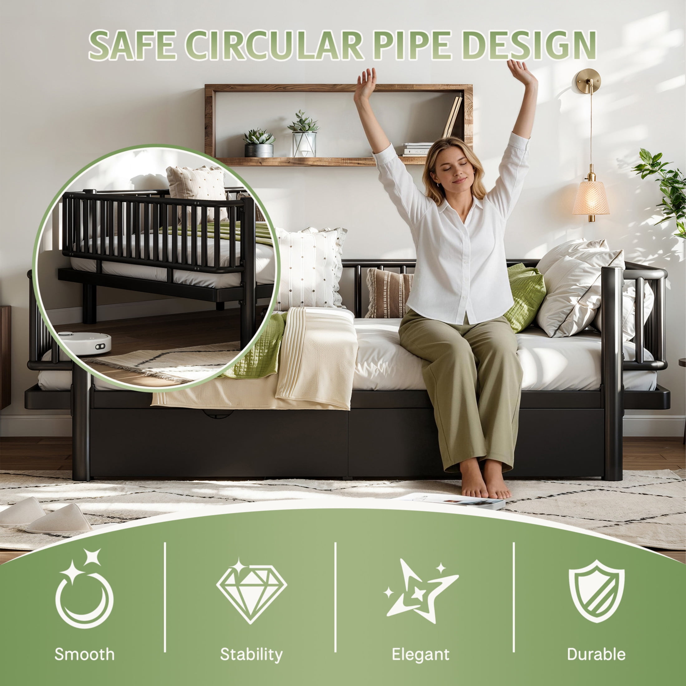 Noble House Full Size Platform Bed with Storage Drawers, Daybed Frame with Round-Pipe Design, Black