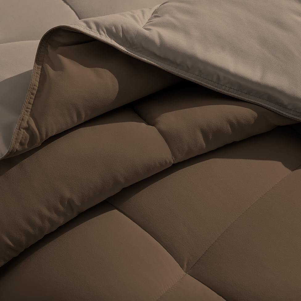Bare Home Microfiber 5-Piece Cocoa/Taupe Comforter, Taupe Sheet Set Reversible Bed in a Bag, King