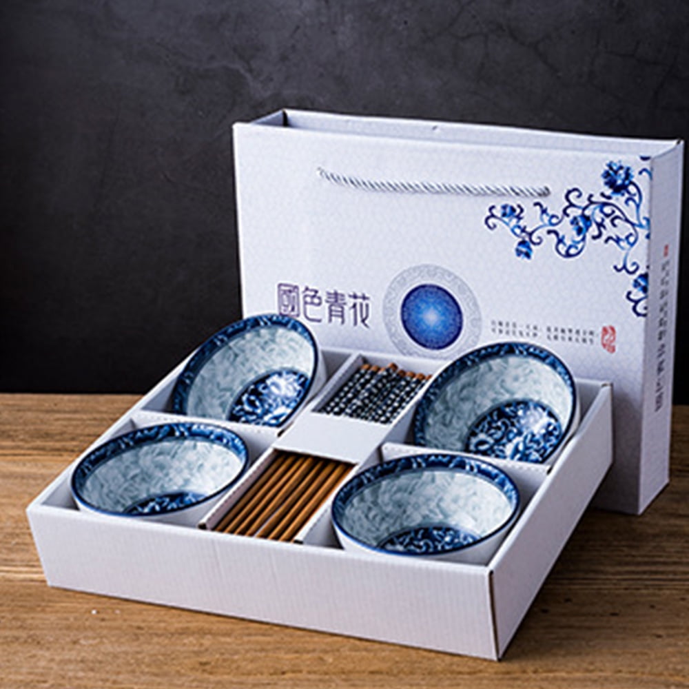 Blue and White Porcelain Cereal Bowls with Delicate Box As a Christmas Gift Chinese Porcelain Soup/Rice Bowls and Chopsticks Set of 4 for Rice Soup Oatmeal 