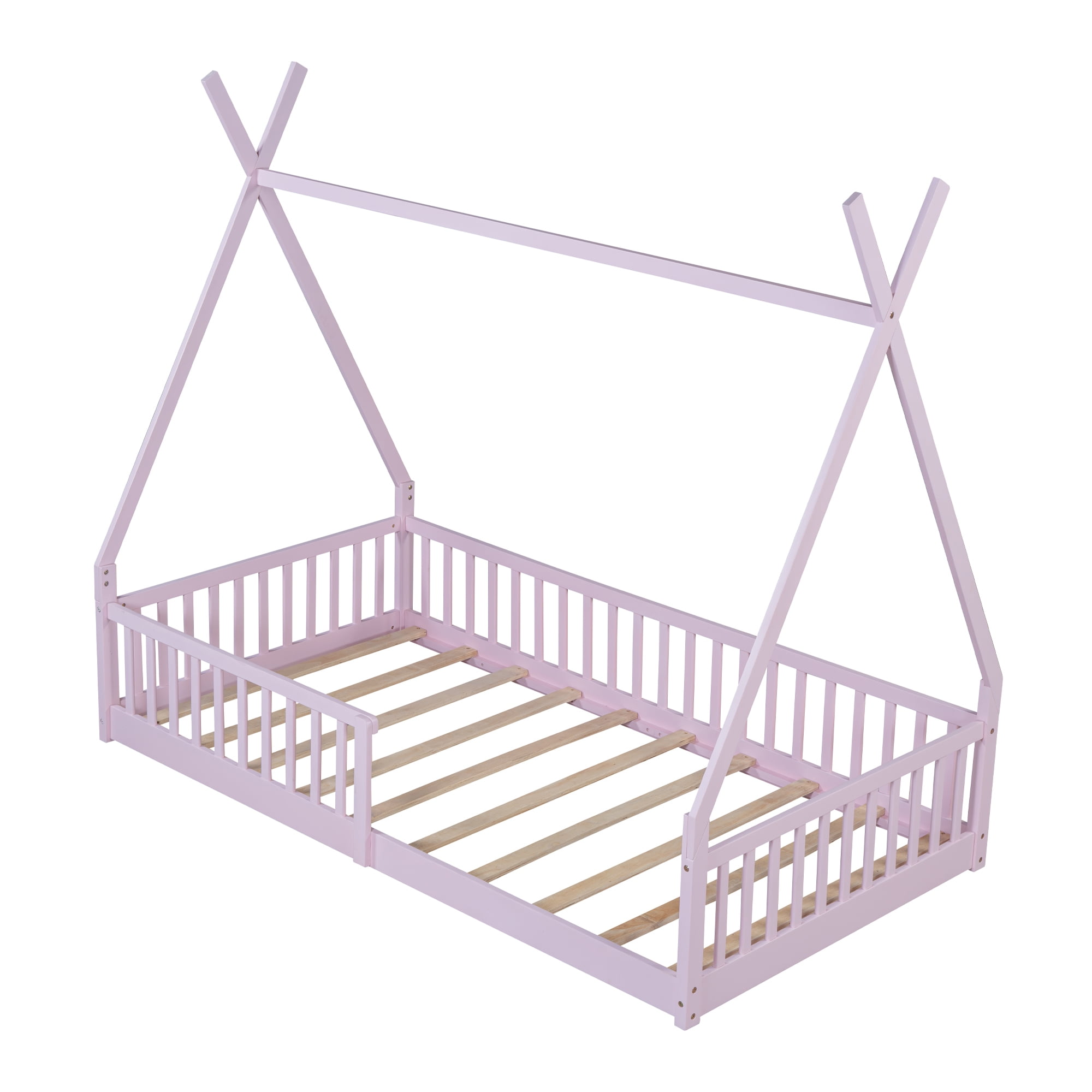 Euroco Twin Size House Platform Bed, Floor Bed with Guardrails for Kids Teens Room, Pink