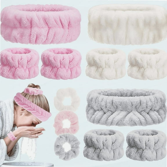 12 Pieces Spa Headband Wrist Washband Hair Scrunchies Set Includes 3 Makeup Headband Skin Care Headbands Elastic Hair Bands 6 Face Wash Wristbands 3 Drying Scrunchie Face Wash Set for Women Girls
