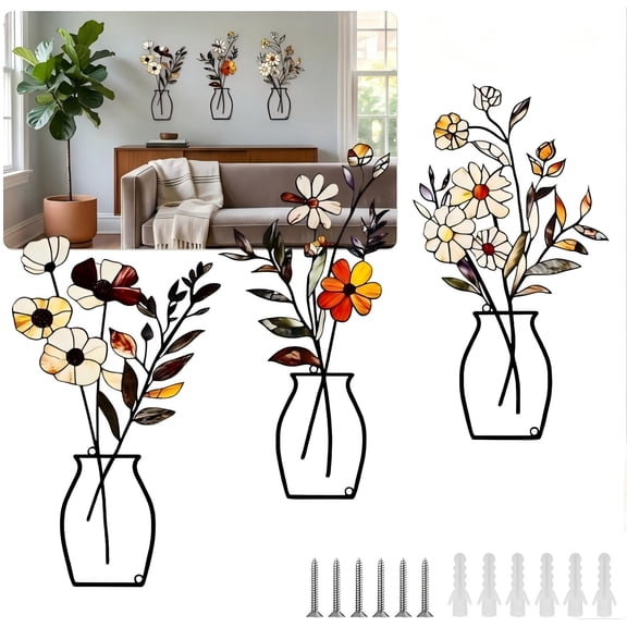Metal Flowers Wall Art, 3 Pcs Decorative Metal Wall Decor for Living Room, Bedroom, Kitchen, Bathroom, Modern Farmhouse Rustic Decor