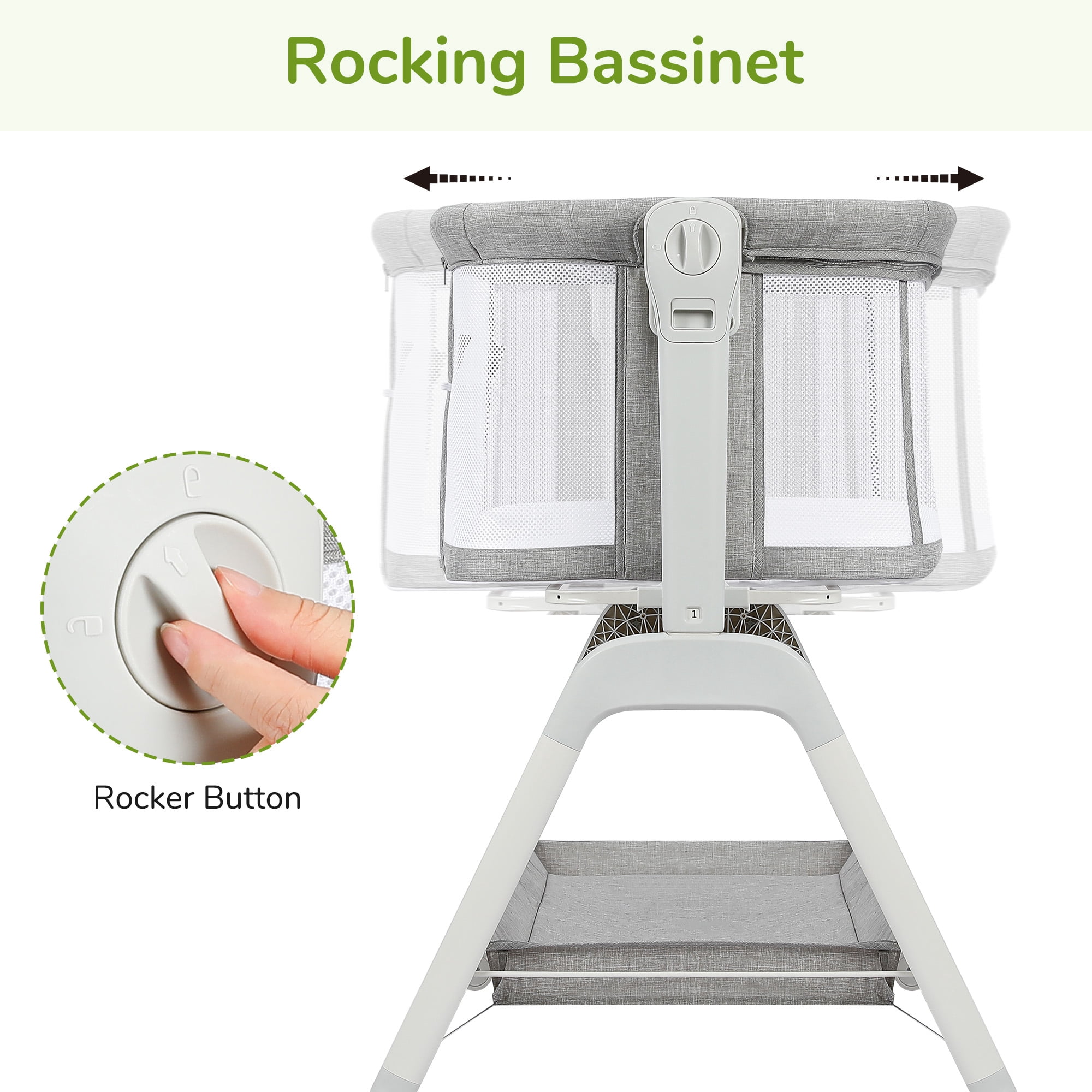 Baby Bassinet, Bobiber 3-in-1 Baby Bassinet Bedside Sleeper with Rocking and Adjustable Height, Storage Basket, Wheels, for 0-24 Months, Grey