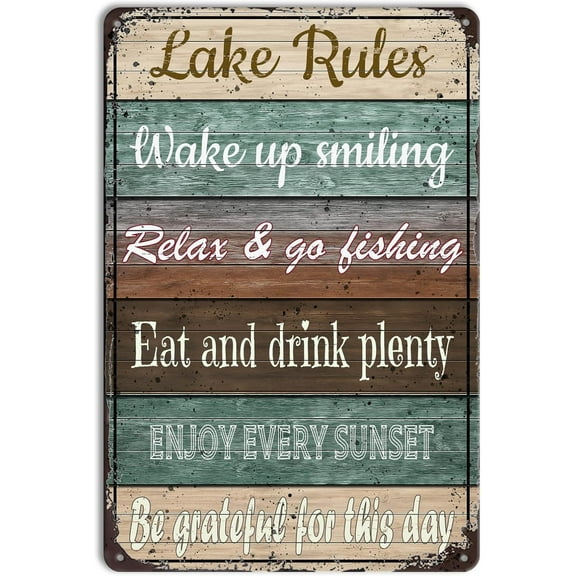 Lake Rules Metal Sign – Lake House Decor Wall Art for Summer Cabin, Lake Life Decor, Lake Wall Art, Lake House Sign for Home, Outdoor Lake Decorations – 8x12 Inch Vintage Tin Sign