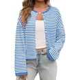 thumbnail image 3 of Button Down Long Sleeve Lightweight Crewneck Casual Knit Striped Cardigan, 3 of 7