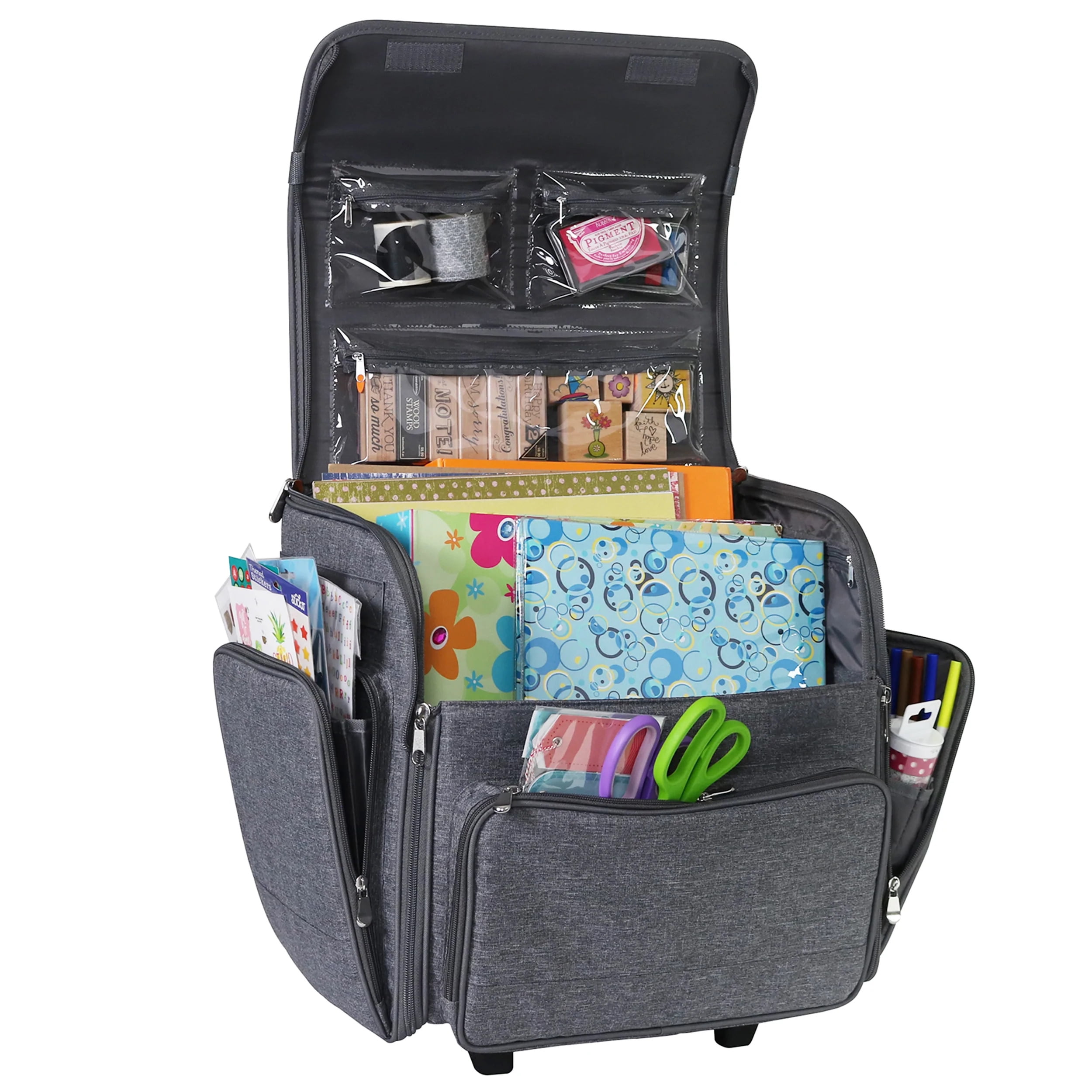 Everything Mary Deluxe Collapsible Rolling Craft Case, Black Quilted - Scrapbook Tote Bag w/Wheels for Scrapbooking & Art