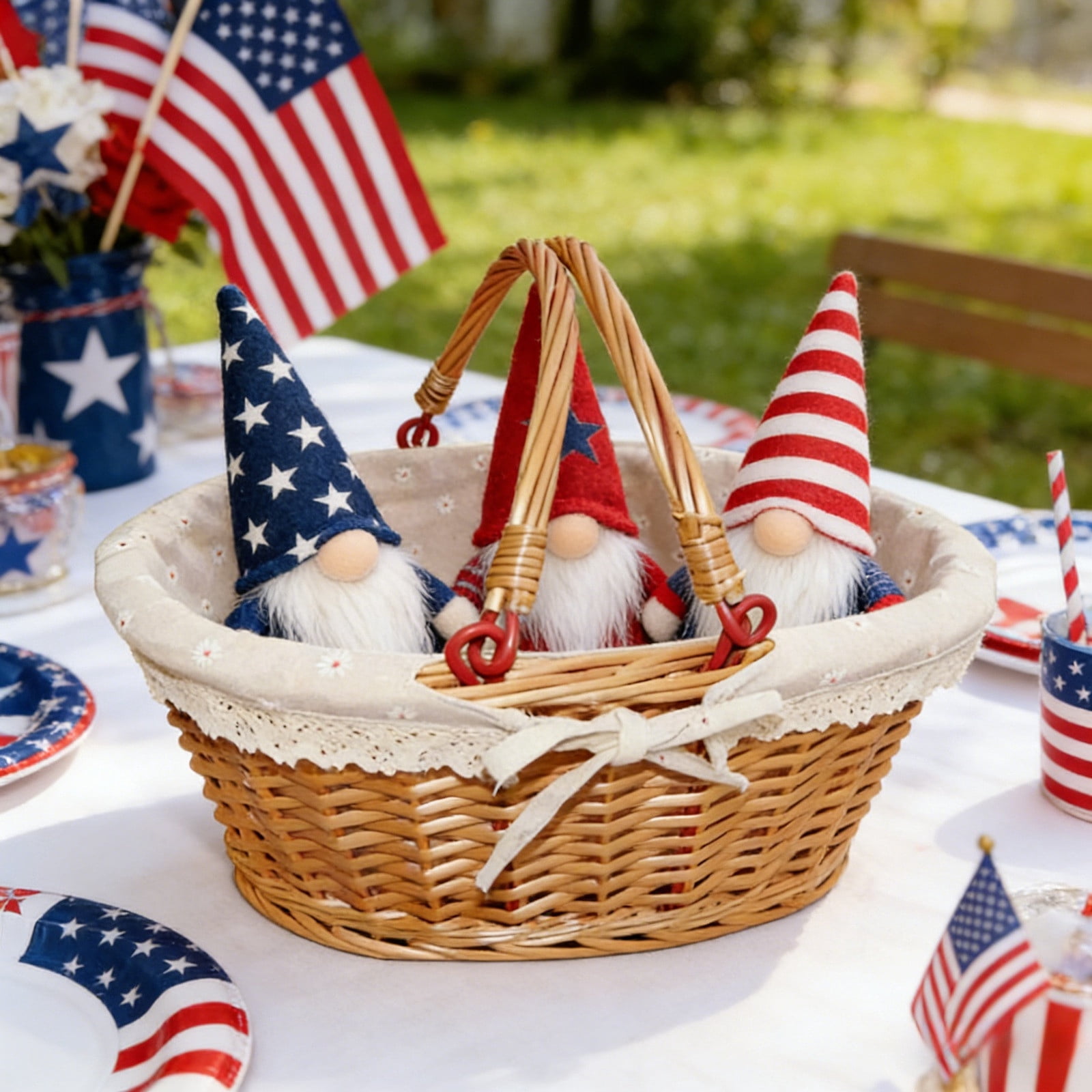Handwoven Wicker Picnic Basket With White Liner & Handle Decorative Storage Basket For 4th Of July Easter Wedding Grocery Shopping