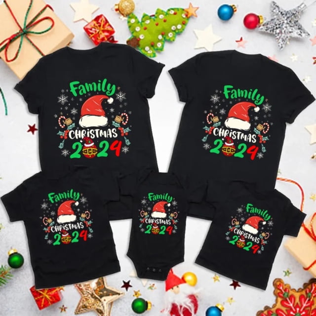 Conjunto informal para el día de Navidad Conjunto familiar con estampado navideño de 2024 Conjunto informal de manga corta a juego para toda la familia Ropa festiva