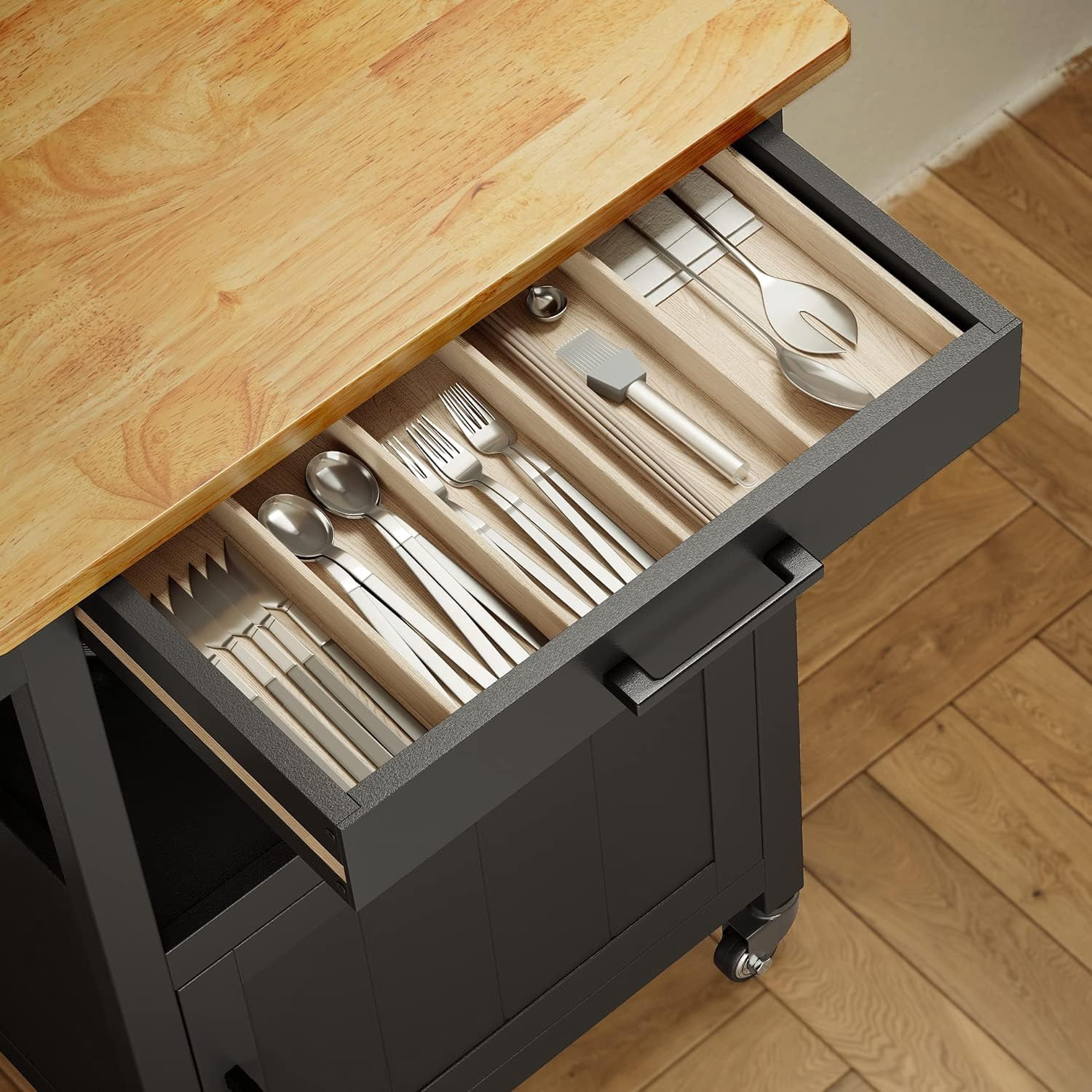 Aiho Rolling Kitchen Island Cart with Storage and Rubber Wood Countertop for kitchen, Black