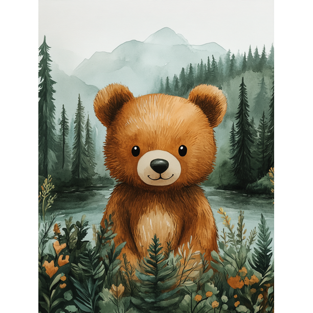 Qisvanset 12x16 Inch Boho Woodland Bear Canvas Wall Art, Tree Nature Kids Nursery Watercolor Decor