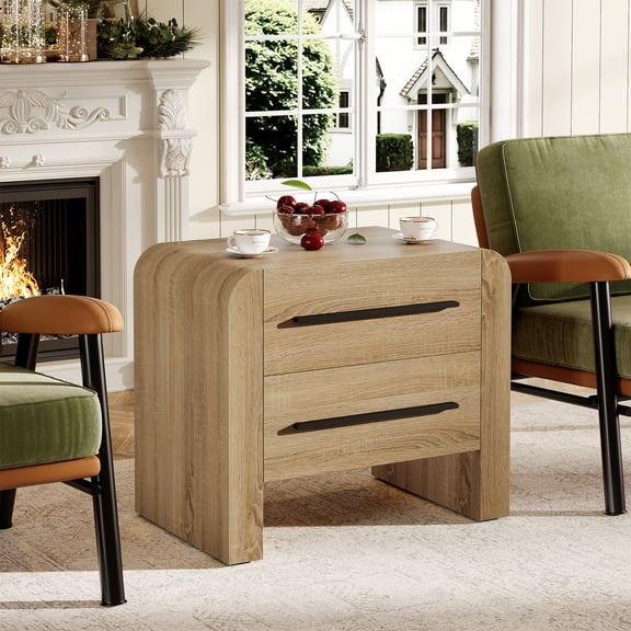 Tribesigns 2 Drawers End Table for Living Room, Farmhouse Curved Side Table NightStand with Storage with Metal Handles, Brown
