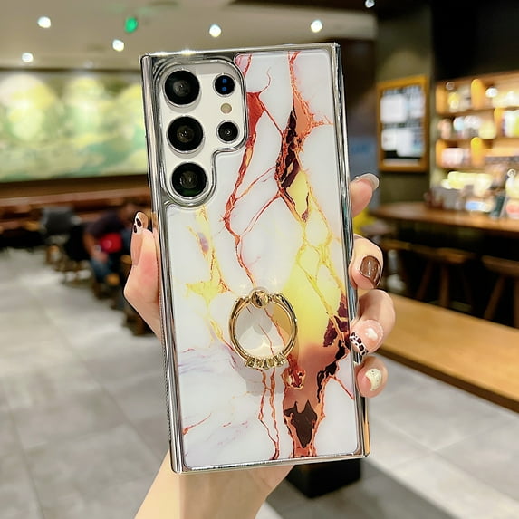 SaniMore for Samsung Galaxu S22 Ultra 6.8" 2022 Case with 360 Rotating Ring Bracket, Unique Fashion Marble Print Pattern Soft TPU Slim Fit Protective Shockproof Stylish Girly Stand Case, Gold