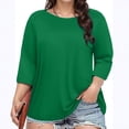 thumbnail image 2 of MIXUE Womens Summer Tops Summer Solid Color Round Neck Plus Size 3/4 Sleeve Casual Stylish Pullover Tshirts Activewear,Green,L, 2 of 5