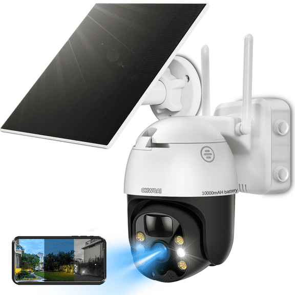 OHWOAI WiFi 360° PTZ Dome Camera,10000mAh Rechargeable Battery Wireless Surveillance Camera with Solar Panel