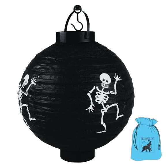 Spooky Battery-Operated Halloween Black Skeleton Paper Lantern, 8.5x11.5-inches Hanging Decor Lanterns LED Party Night Light Haunted House Decoration Design May Vary with EBK Bag