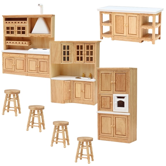 WHAMVOX Wood Miniature Kitchen Furniture for Doll House Beige European Retro Style 1 Set