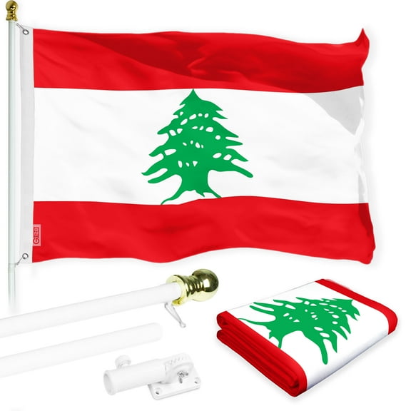 G128 Combo Pack: 6 Ft Tangle Free Spinning Flagpole (White) & Lebanon Flag 3x5 Ft Printed 150D Polyester, Brass Grommets (Flag Included) Aluminum Flag Pole