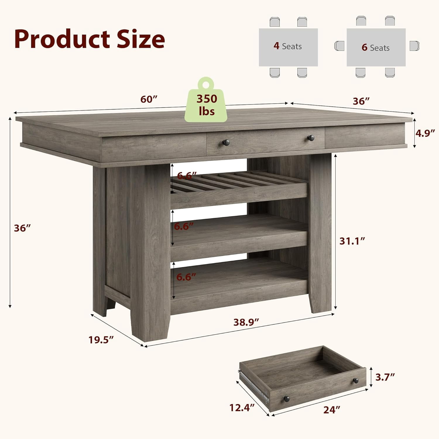 Counter Height Dining Table for 4-6, 36" W Wood Bar Height Dining Room Table with 2 Drawer & Shelves, Deepened Wine Rack, Thick & Large Table Top for Kitchen, Bar
