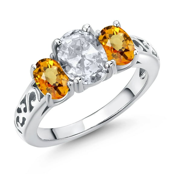Gem Stone King 925 Sterling Silver White Topaz and Yellow Sapphire Filigree Style 3 Stone Ring for Women (2.73 Cttw, Oval 8X6MM and 6X4MM) (Size 8)