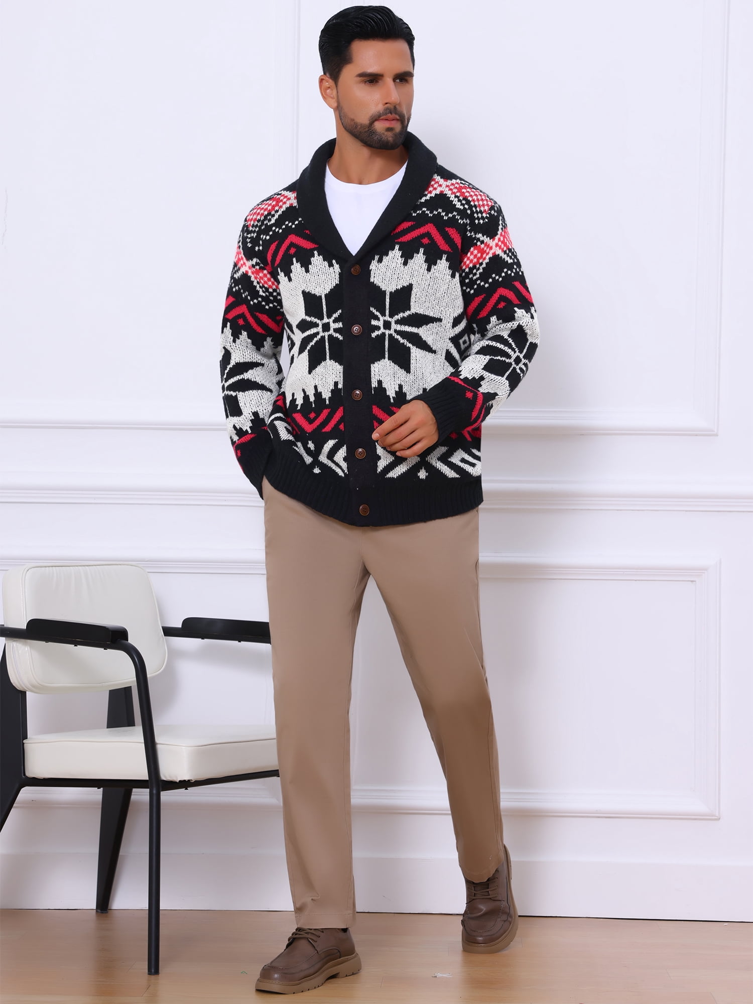 DARING DIVA Men's Shawl Collar Long Sleeved Knitwear Cardigan Sweater M Black Red