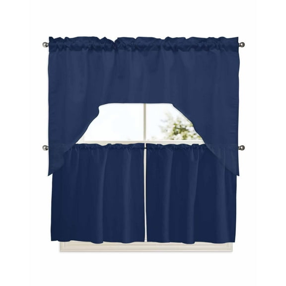 Navy Blue Kitchen Curtains Swag Valance and Tier Curtains Set 24 Inch Length, Modern Pure Navy Blue Rod Pocket Drape Panels Pair Swag Curtains for Bathroom/Cafe/Window