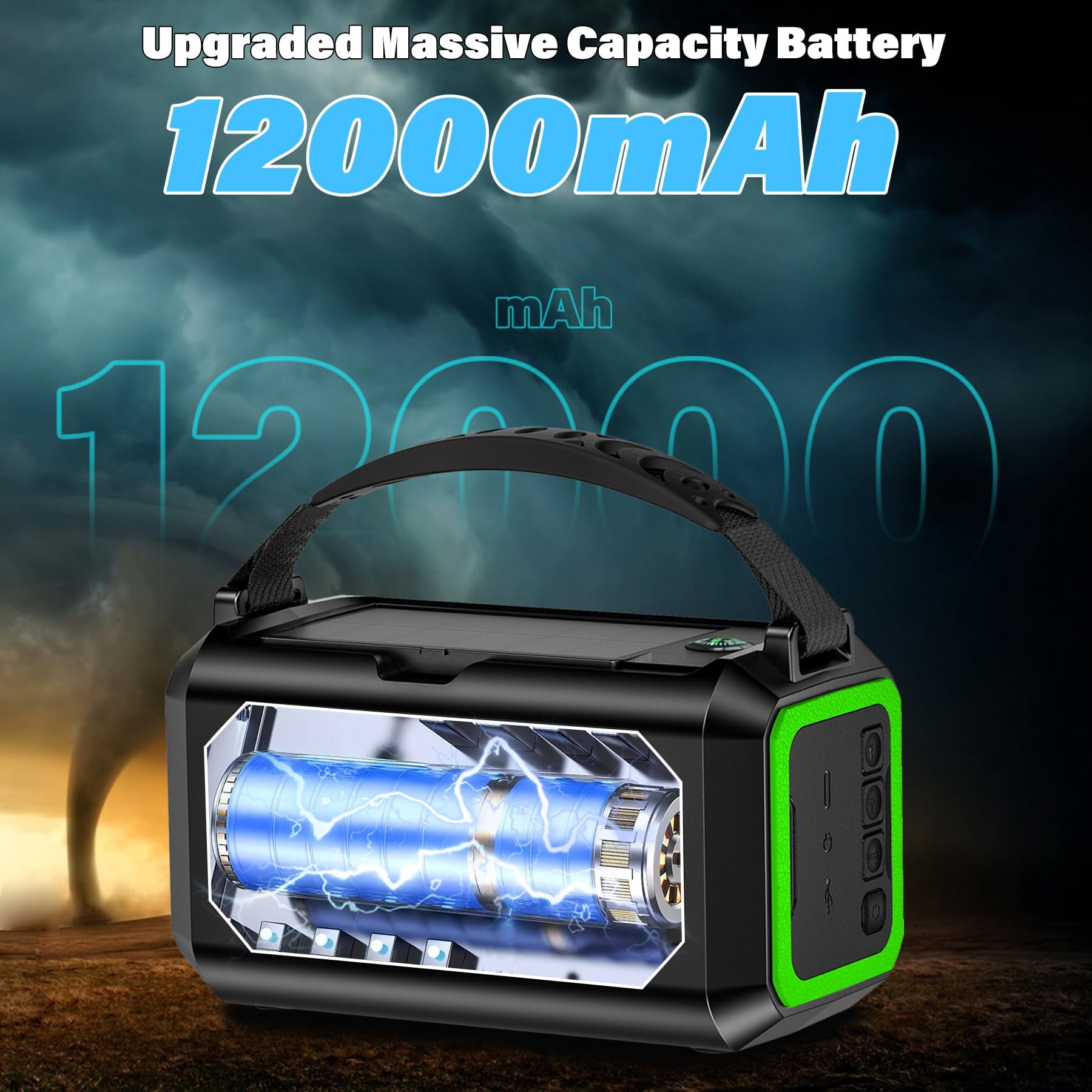 KOGYAS Emergency Radio,12000mAh AM/FM/NOAA Weather Radio,Portable Hand Crank Radio,Multi-Function Solar Radio,2 Solar Panels,USB Type-C Charging,Torch & LED Reading Lamp,SOS Alarm,Compass(Green)