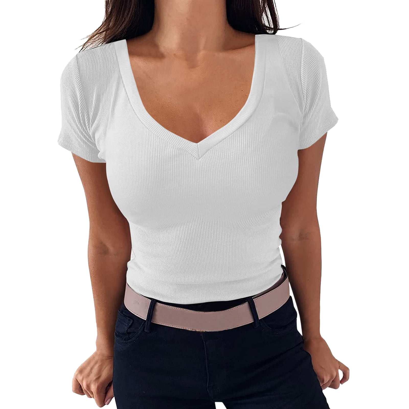 iOPQO womens t shirts V Neck Ribbed Fitted Tight Tshirt Short Sleeve Shirt Basic Knit Top shirts for women White + XL -