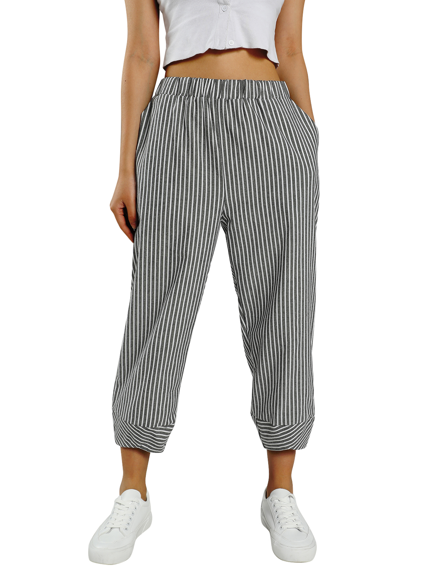 Women Wide Leg Cropped Trousers Striped 