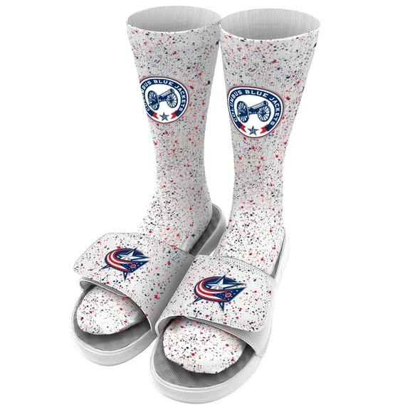Men's ISlide White Columbus Blue Jackets Speckle Socks & Slide Sandals Bundle