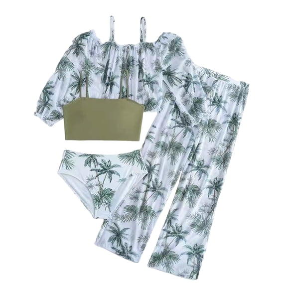 2026 Girls Swimsuit 4 Piece Tropical Tree Print Coverup Pants Set Boho Summer Kids Bathing Suit Size 10-11 Years