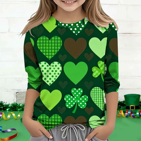 BaoFuBaoMei 3/4 Sleeve Fall Tops for Kids Girls St Patricks Day Green Shirt Slim Crew Neck Outfits for Irish Festival Themed Party