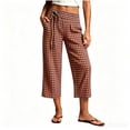 thumbnail image 5 of Hueook Gingham Pants Y2k Plaid Capris for Women Lounge Cotton Trendy Elastic Waist Casual Pocket Cropped Pants Brown L, 5 of 8