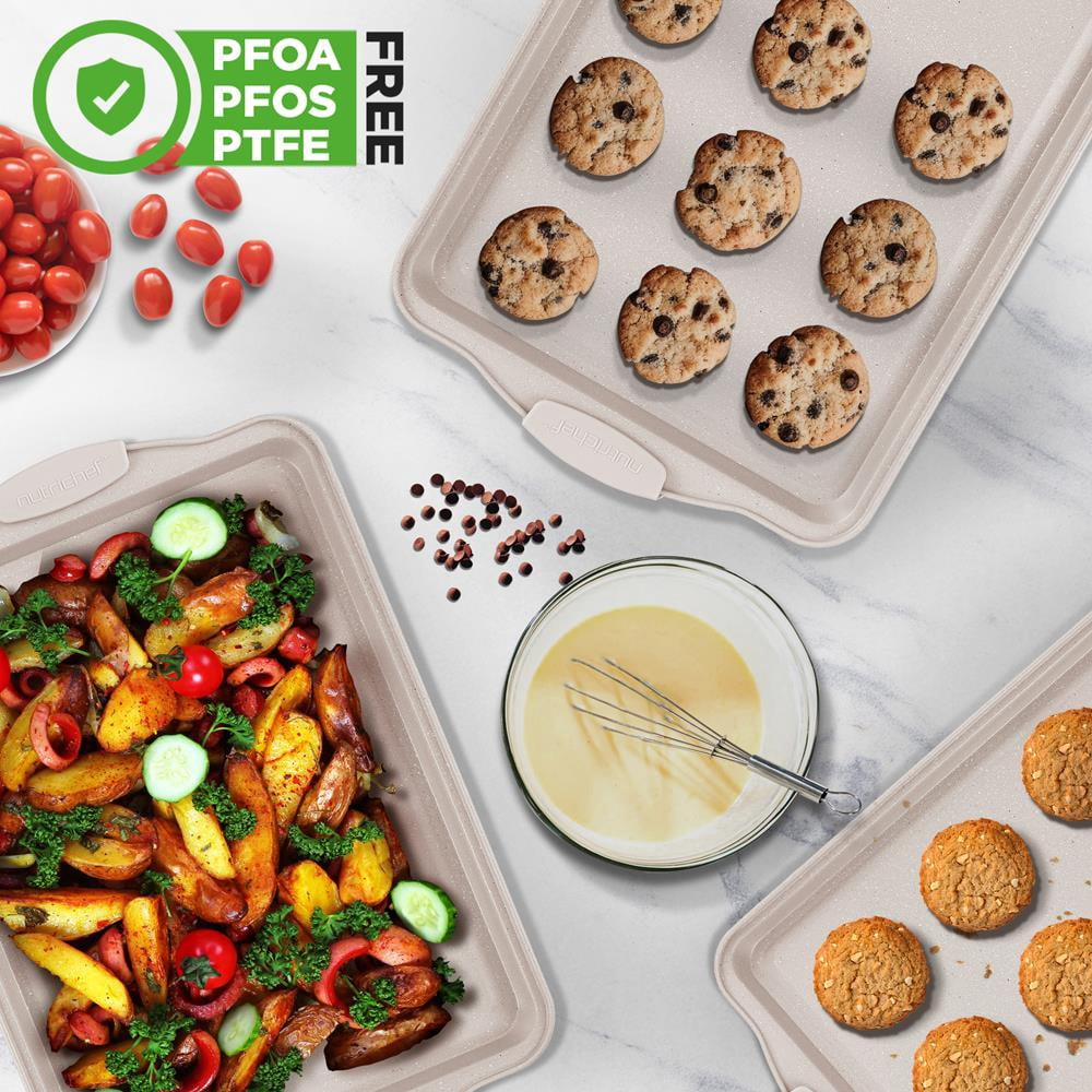 3 Piece Non-Stick Cookie Sheet Tray Set with Silicone Handles for Baking (Cream Marble)