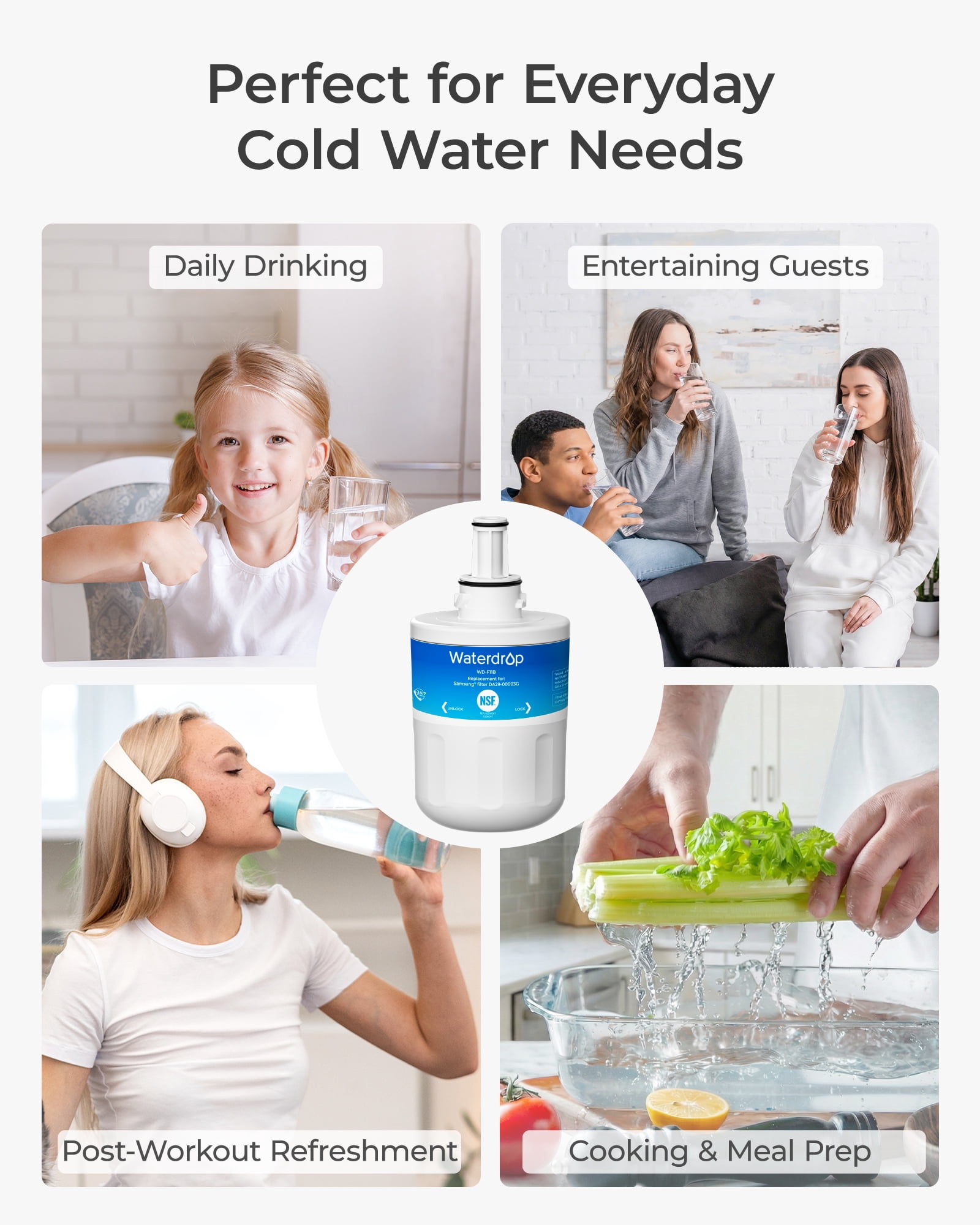 Waterdrop F11 Refrigerator Water Filter Replacement for Samsung® DA29-00003G, DA29-00003B, DA29-00003A, Aqua-Pure Plus, HAFCU1, RFG237AARS, FMS-1, RS22HDHPNSR, RSG257AARS, WSS-1,5 Pack