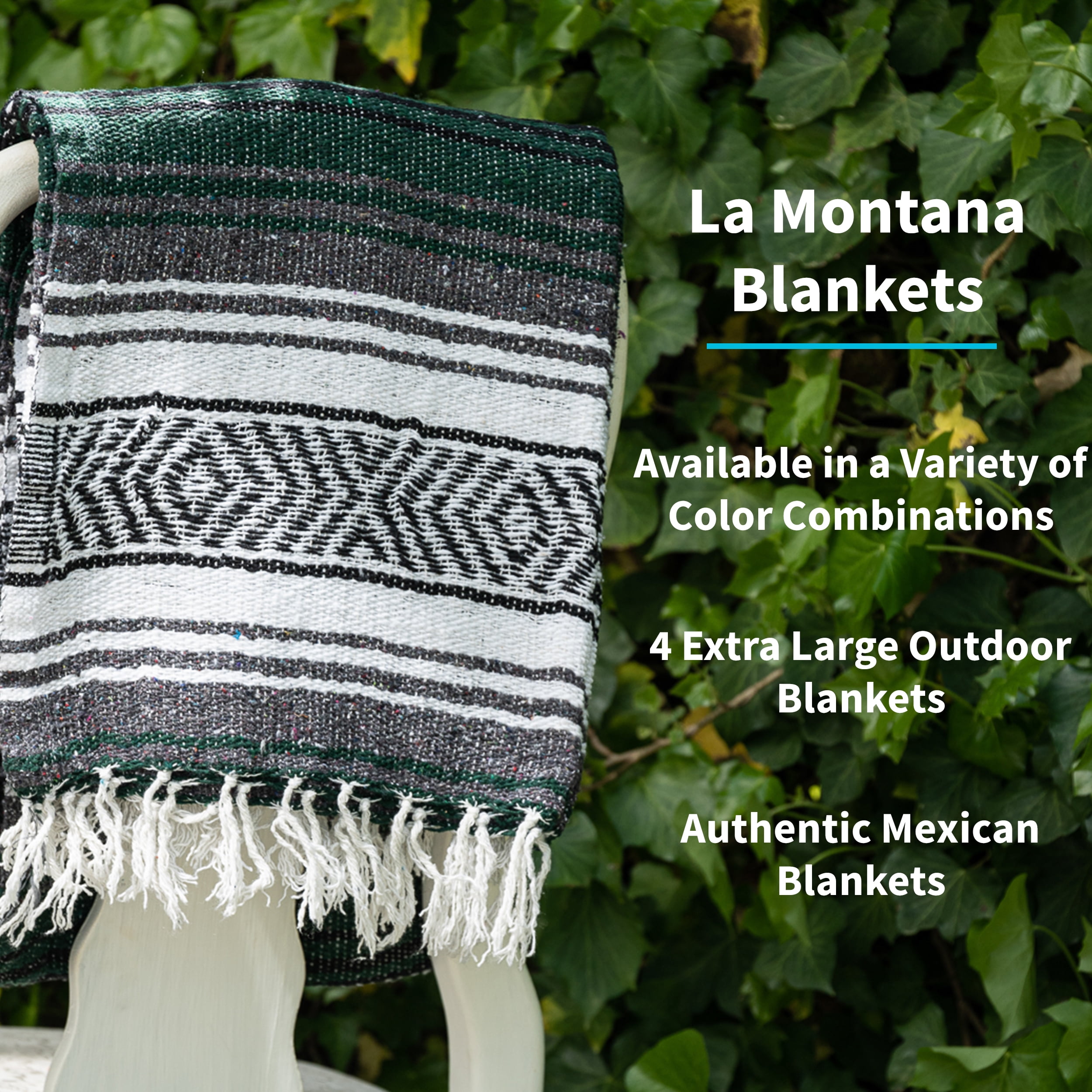 La Montana 4 Pack Mexican Blankets, 74" x 50" Yoga Blankets, Forest Green/Charcoal/White