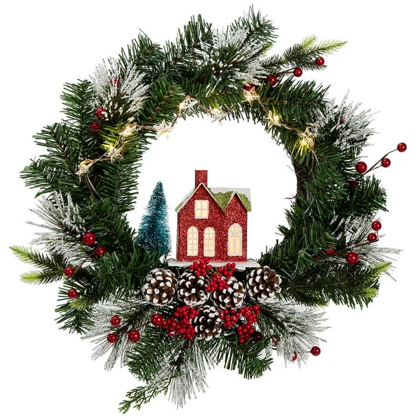 Lighted Holiday Wreath with House