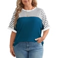 thumbnail image 2 of Delayuji Women's Spring Round Neck Striped Color Blocked Printed Loose Casual Short Sleeved T Shirt Blue Xxl Polyester,Spandex Short Sleeve Shirts for Women, 2 of 4