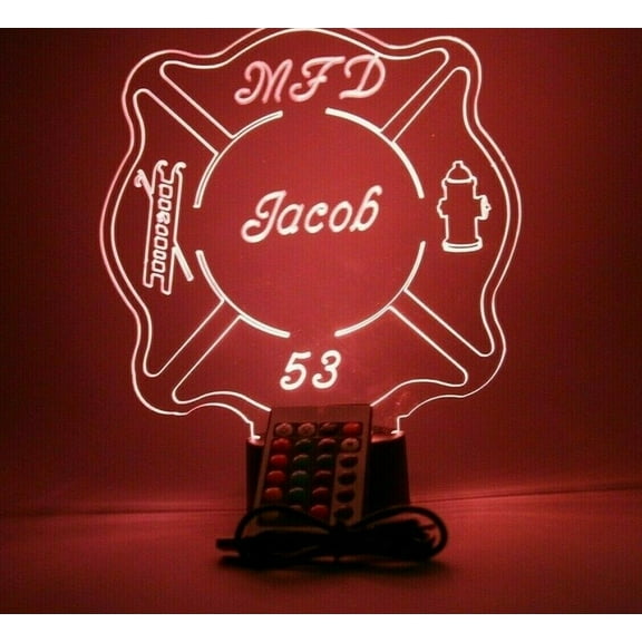 Fire Badge Light Up Lamp Light Lamp LED, Personalized Name Firefighter Engraved Table Lamp, Our Newest Feature - It's Wow, Comes with Remote, 16 Color Options, Dimmer, Free Engraving, Great Gift