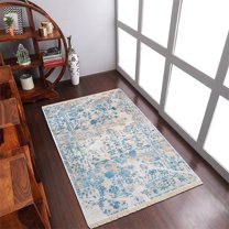 Rugsotic Carpets Machine Woven Crossweave, Oriental Polyester Area Rug, Ivory,Blue, 8'X10'