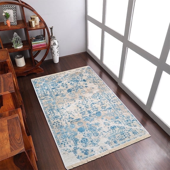 Rugsotic Carpets Machine Woven Crossweave, Oriental Polyester Area Rug, Ivory,Blue, 8'X10'
