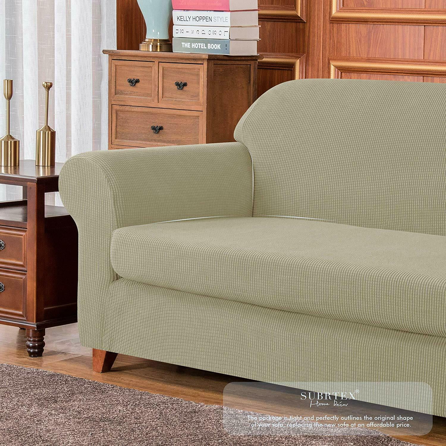 Subrtex Stretch 2-Piece Textured Grid Sofa Slipcover Jacquard Non Slip Couch Cover (Sand, Armchair)