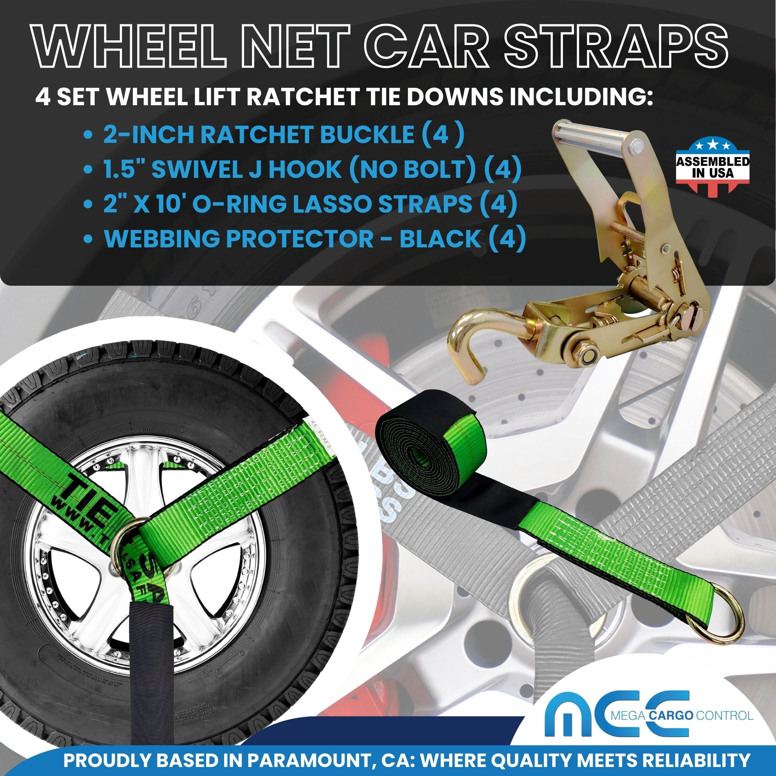 Mega Cargo Control Side Mount Wheel Net Straps with Swivel J Hook Ratchet Buckles, 2" x 10' O-Ring Lasso Strap, 4 Pack, Green