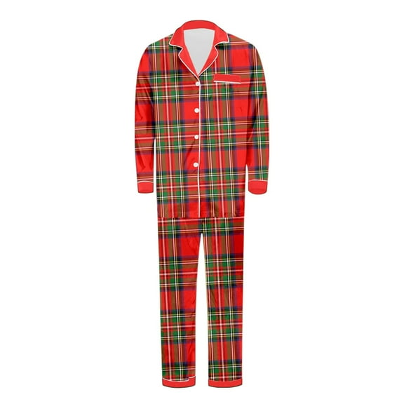 Christmas Pjs Christmas Family Matching Dad Pajama Set Long Sleeve Turn Down Collar Full Length Pants Soft Satin Cozy Holiday Sleepwear For Dad Red L