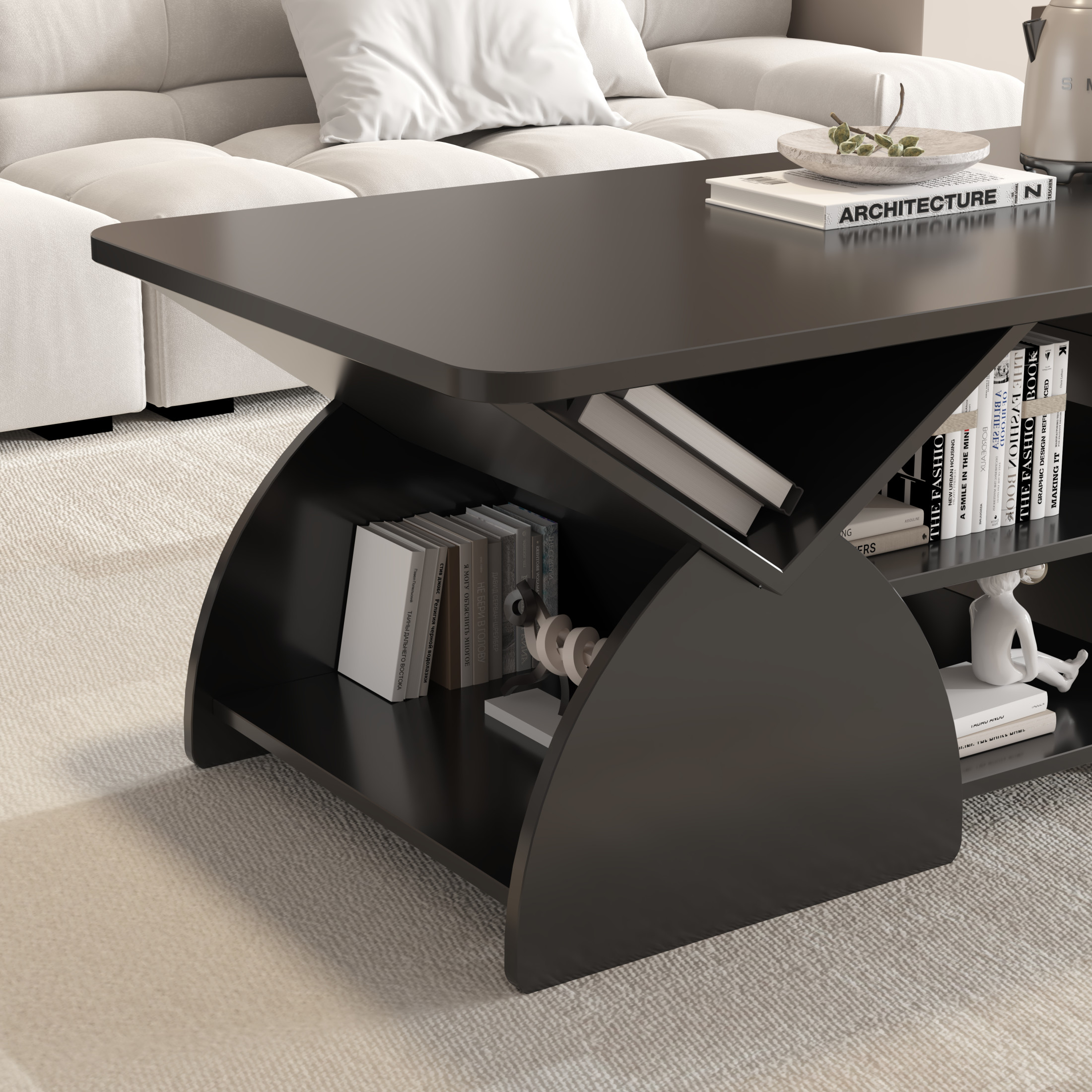 Noble House Arwick 47.24" Rectangular Coffee Table, Wooden Rounded Corners Tea Table, Geometric Open Shelves, Black