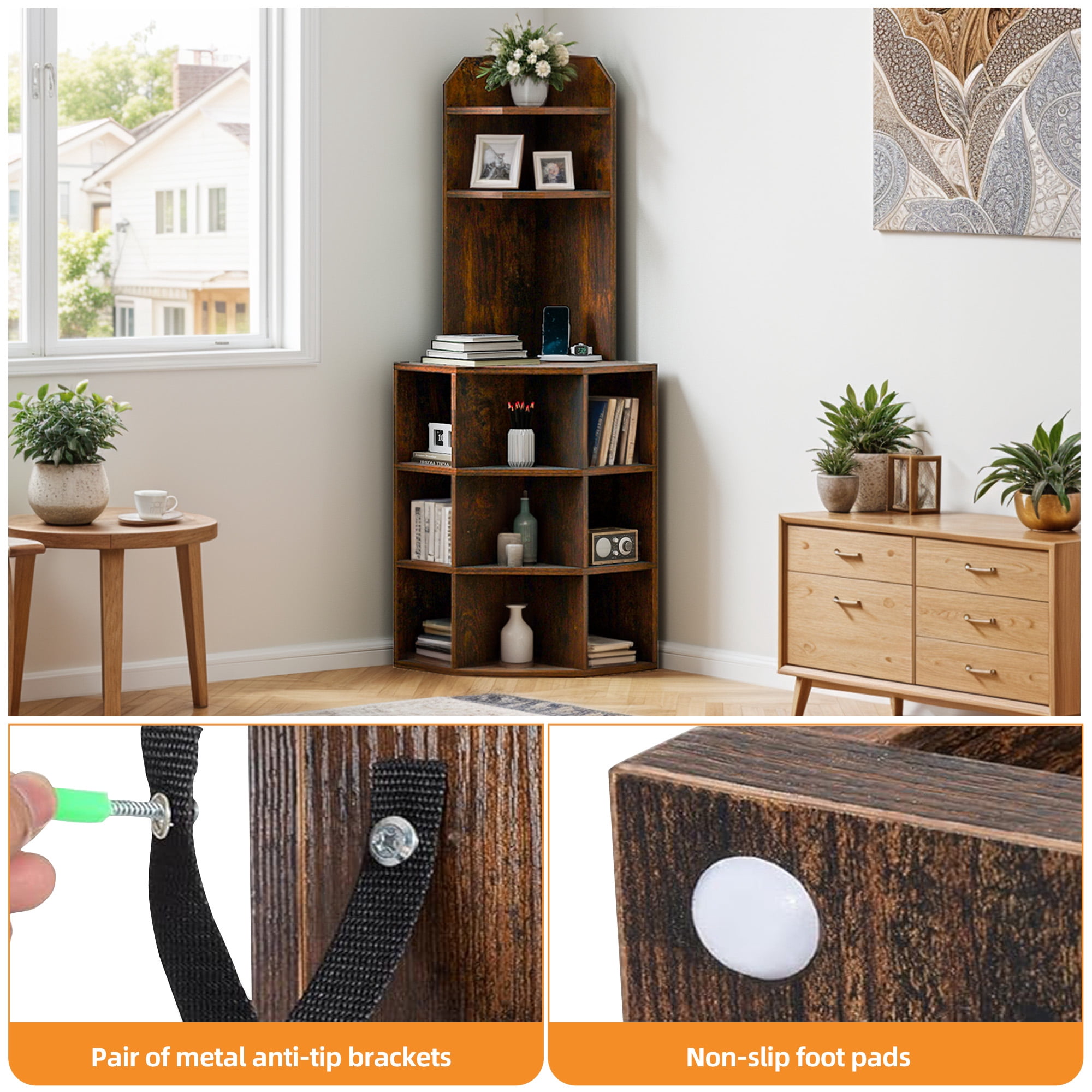Uforic 5-Tier Corner Shelf with 9 cube,  Wooden Display Bookcases Bookshelf  with USB Ports, Brown