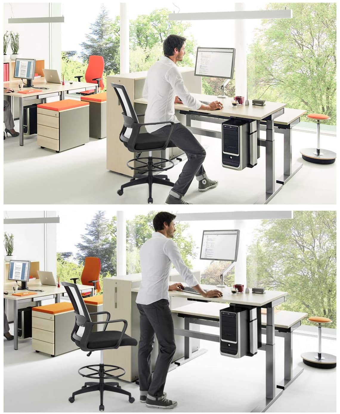 BestOffice Tall Drafting Office Chair, Lumbar Support, Adjustable Arms, Swivel Rolling for Adults(White)