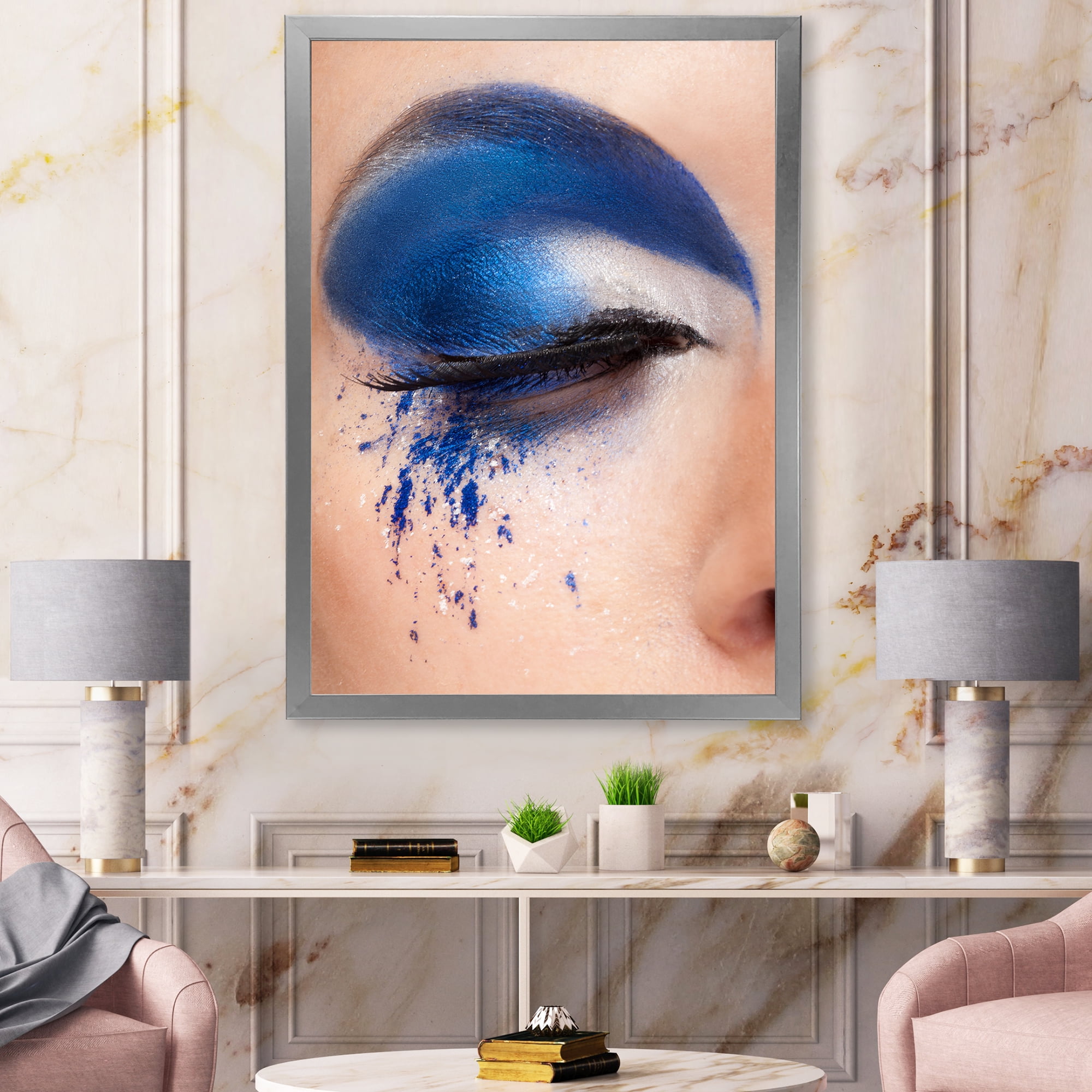 Designart 'Closed Woman Eye With Blue Fantasy Make Up' Modern Framed Art Print